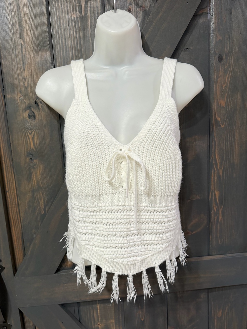 No Boundaries Knit Fringe Tie-Front Tank Top - White Small